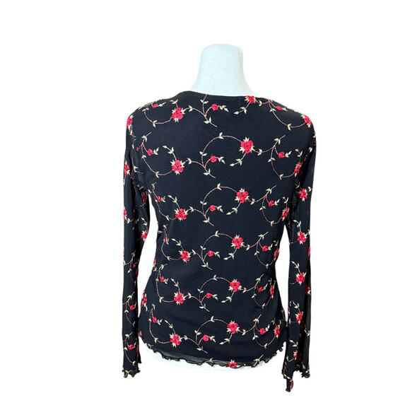 Vintage 90s Y2K Shirt Women Medium Black Mesh Lettuce Hem Sheer Floral Red Rose - Picture 5 of 11